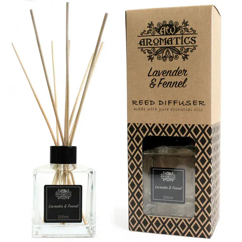 A "Lavender & Fennel" reed diffuser and its brown cardboard box displayed side-by-side on a white background. The diffuser bottle and the packaging are both clearly visible.