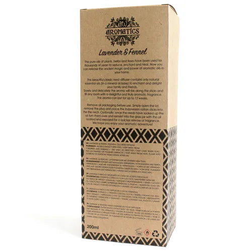 A detailed view of the back of a brown cardboard reed diffuser box. The box has printed information in multiple languages about the product, including a description of the scent, usage instructions, and safety warnings.