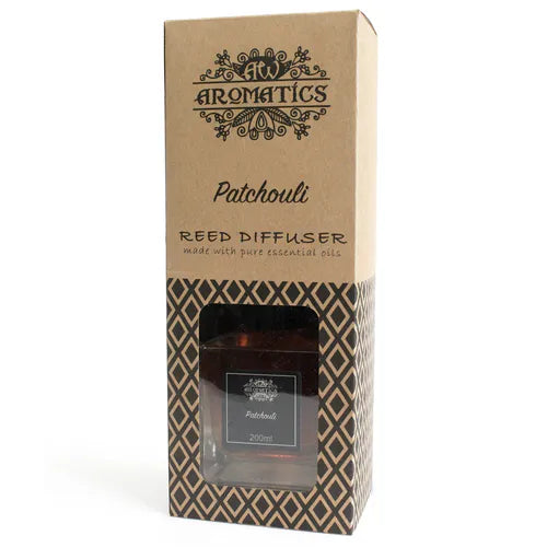 A brown cardboard box for a "Patchouli" reed diffuser, standing on a white background. The box features a cut-out window that reveals the square glass bottle inside.