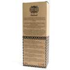 A detailed close-up of the back of a brown cardboard box for a "Patchouli" reed diffuser. The box shows a product description, instructions, and safety warnings printed in multiple languages.