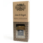 A brown cardboard box for a "Lime & Ginger" reed diffuser, standing upright on a white background. The box has a window that reveals the square glass bottle inside.