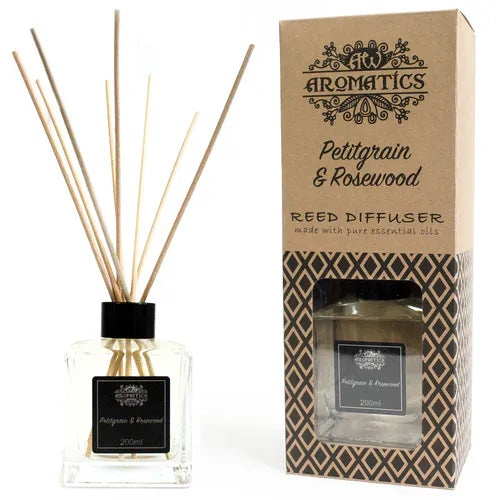 A "Petitgrain & Rosewood" reed diffuser bottle and its brown cardboard box displayed side-by-side on a white background. The diffuser bottle and the packaging are both clearly visible.