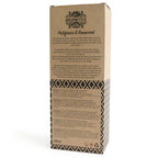 A detailed close-up of the back of a brown cardboard box for a "Petitgrain & Rosewood" reed diffuser. The box shows a product description, usage instructions, and safety warnings printed in multiple languages.