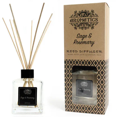 A "Sage & Rosemary" reed diffuser and its brown cardboard box displayed side-by-side on a white background. The diffuser bottle and the packaging are both clearly visible.