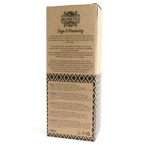 A detailed close-up of the back of a "Sage & Rosemary" reed diffuser box. The surface shows a product description, instructions for use, and safety warnings printed in multiple languages.