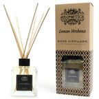 A "Lemon Verbena" reed diffuser bottle and its brown cardboard box displayed side-by-side on a white background. The diffuser bottle and the packaging are both clearly visible.