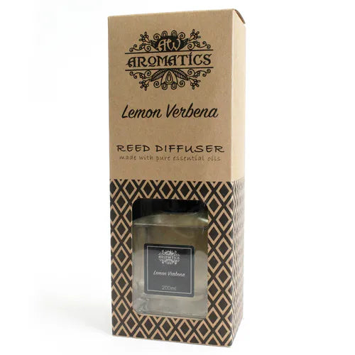 A brown cardboard box for a "Lemon Verbena" reed diffuser, standing upright on a white background. The box has a window that reveals the square glass bottle inside.