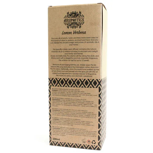 A detailed close-up of the back of the "Lemon Verbena" reed diffuser box. The surface shows a product description, instructions for use, and safety warnings printed in multiple languages.