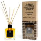 A "Geranium & Rose" reed diffuser and its brown cardboard box displayed side-by-side on a white background. The diffuser bottle holds a yellow liquid, and the packaging has a window revealing the bottle inside.