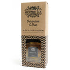 A brown cardboard box for a "Geranium & Rose" reed diffuser, standing upright on a white background. The box has a window that reveals the square glass bottle inside.