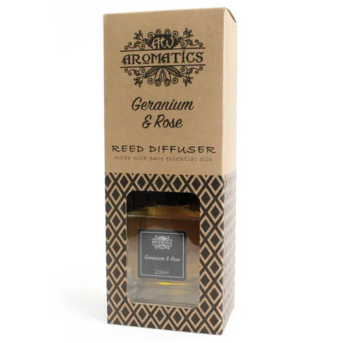 A brown cardboard box for a "Geranium & Rose" reed diffuser, standing upright on a white background. The box has a window that reveals the square glass bottle inside.