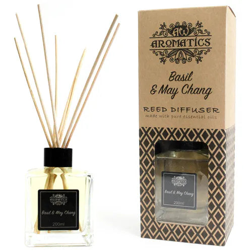 A "Basil & May Chang" reed diffuser and its brown cardboard box displayed side-by-side on a white background. The bottle contains a light-colored liquid, while the box has a window showing the diffuser inside.