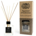 A "Peppermint & Frankincense" reed diffuser bottle and its brown cardboard box displayed side-by-side on a white background. The bottle contains a clear liquid and the box has a window showing the diffuser inside.