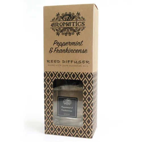 A brown cardboard box for a "Peppermint & Frankincense" reed diffuser, standing upright on a white background. The box has a window that reveals the square glass bottle inside.