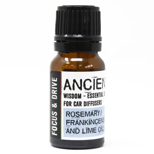 A detailed product photo of a small brown bottle of essential oil. The label reads "Focus & Drive - Rosemary, Frankincense and Lime Oils," a blend created for a more focused aromatherapy and to add a pleasant car fragrance to any journey.
