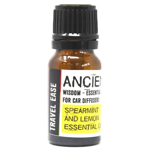 A clear, studio-style shot of a small brown glass bottle of Ancient Wisdom essential oil. The product is labeled "Travel Ease - Spearmint and Lemon Essential Oil for Car Diffusers," providing a refreshing aromatherapy and car fragrance solution.
