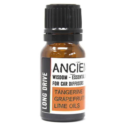A product shot of a small brown bottle of Ancient Wisdom essential oil. The label clearly shows the blend "Long Drive - Tangerine, Grapefruit, Lime Oils," designed for aromatherapy and providing an invigorating home fragrance for your car.