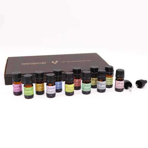 Set of 12 small essential oil bottles with colorful labels displayed in front of a closed black box, accompanied by two droppers placed on the side.