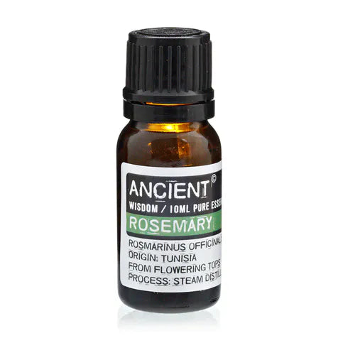 Amber glass bottle of Ancient Wisdom rosemary essential oil, labeled with origin from Tunisia and details about steam distillation from flowering tops.