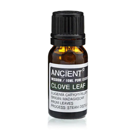 Amber glass bottle of Ancient Wisdom clove leaf essential oil, labeled with Eugenia caryophyllata, origin Madagascar, extracted from leaves by steam distillation.