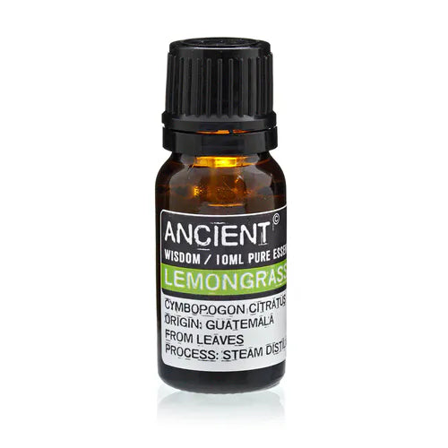 Amber glass bottle of Ancient Wisdom lemongrass essential oil, labeled with Cymbopogon citratus, origin Guatemala, extracted from leaves by steam distillation.