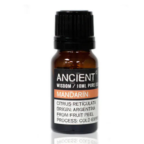 Amber glass bottle of Ancient Wisdom mandarin essential oil, labeled with Citrus reticulata, origin Argentina, extracted from fruit peel by cold expression.