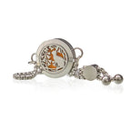 Stainless steel aromatherapy bracelet with cat and flowers design, orange felt insert.