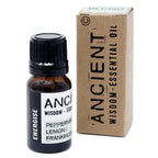 Brown glass bottle of Ancient Wisdom essential oil blend labeled "Energise" with ingredients Peppermint, Lemon, and Frankincense, placed next to its kraft paper box packaging marked "Ancient Wisdom – Essential Oil."
