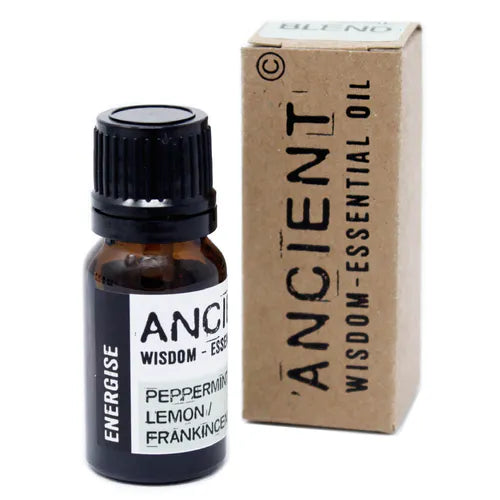Brown glass bottle of Ancient Wisdom essential oil blend labeled "Energise" with ingredients Peppermint, Lemon, and Frankincense, placed next to its kraft paper box packaging marked "Ancient Wisdom – Essential Oil."