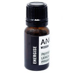A single bottle of "Energise" essential oil blend stands alone on a white background. The label reads "Peppermint, Lemon, Frankincense," promoting an uplifting and invigorating aromatherapy and home fragrance experience.