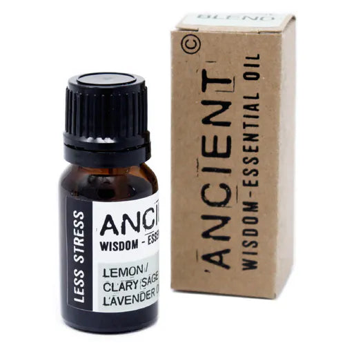 Ancient Wisdom “LESS STRESS” essential oil blend with bottle and packaging. The amber glass bottle features a black screw cap and a white label that lists ingredients: Lemon, Clary Sage, and Lavender. The cardboard box stands upright with bold black text reading “ANCIENT WISDOM – ESSENTIAL OIL” printed vertically.