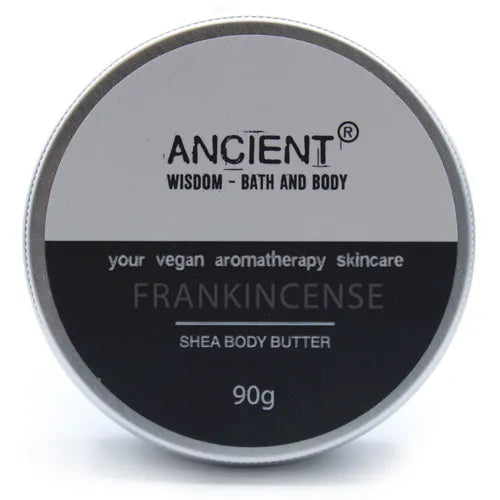 Round silver tin container of Ancient Wisdom Shea Body Butter, labeled “Frankincense”, vegan aromatherapy skincare, 90g.