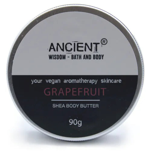 Round silver tin container of Ancient Wisdom Shea Body Butter, labeled “Grapefruit”, vegan aromatherapy skincare, 90g.