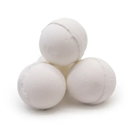 Three plain white bath bombs stacked in a pyramid formation. The bath bombs have a smooth, powdery texture with visible seam lines around the center, giving them a handcrafted appearance. Their minimalistic design emphasizes purity and simplicity.