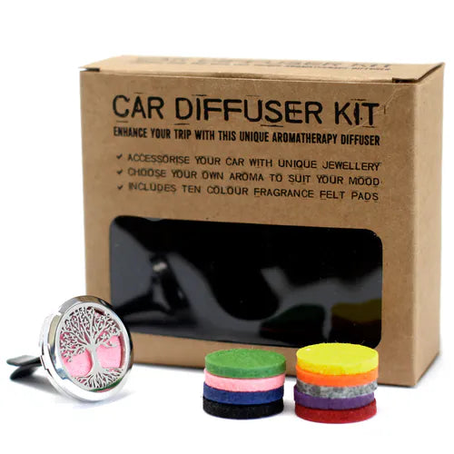 Complete car diffuser kit including a silver tree of life diffuser with pink felt insert, a set of colorful round fragrance felt pads (yellow, green, pink, blue, purple, black, gray, red, and orange), and eco-friendly brown packaging box with printed instructions and product description.