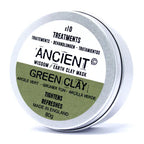 Metal tin of Ancient Wisdom Earth Clay Mask, labeled “Green Clay.” The packaging highlights benefits such as tightening and refreshing. The label is half white and half green, with multilingual text, and the container is closed with a smooth silver lid.