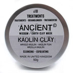 Closed tin of Ancient Wisdom Earth Clay Mask with Kaolin Clay. The round silver metal container has a white label with black text stating “x10 Treatments, Ancient Wisdom Earth Clay Mask, Kaolin Clay, Cleansing - Exfoliating, Made in United Kingdom, 50g,” along with translations in multiple languages. The lid fully covers the container, showing only the label design.