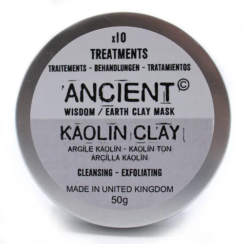 Closed tin of Ancient Wisdom Earth Clay Mask with Kaolin Clay. The round silver metal container has a white label with black text stating “x10 Treatments, Ancient Wisdom Earth Clay Mask, Kaolin Clay, Cleansing - Exfoliating, Made in United Kingdom, 50g,” along with translations in multiple languages. The lid fully covers the container, showing only the label design.