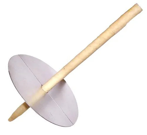 A single ear candle made of a rolled beige wax-coated fabric candle inserted through the center of a round silver-colored protective disc. The disc acts as a shield to catch debris while the candle is burning, demonstrating how the accessory is used in ear candling treatments.