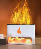 White rectangular aroma diffuser on a wooden surface with illuminated Himalayan salt crystals inside and a realistic flame effect rising from the top.