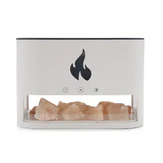 White rectangular aroma diffuser with Himalayan salt crystals inside a transparent compartment and a flame-shaped icon on the front.