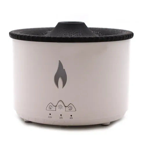 White cylindrical aroma diffuser with black textured top, flame-shaped symbol on the front, and control buttons with timer settings below.