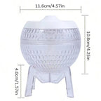 Dimensional image of a spherical crystal-style diffuser with a white lid on a clear tripod stand, showing size: 11.6 cm width, 10.8 cm height, 4.0 cm stand height.