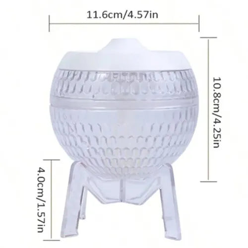 Dimensional image of a spherical crystal-style diffuser with a white lid on a clear tripod stand, showing size: 11.6 cm width, 10.8 cm height, 4.0 cm stand height.