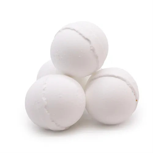Cluster of four pure white spherical bath bombs with smooth surfaces and faint seams, neatly stacked in a pyramid on a white studio background.