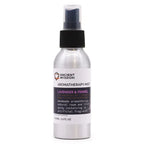 A silver aluminum spray bottle labeled "Ancient Wisdom Aromatherapy Mist – Lavender & Fennel." The label specifies it is handmade aromatherapy, a natural room and linen spray with no artificial fragrance, containing pure essential oil, Yorkshire water, and distilled witch hazel. The bottle has a black spray nozzle and stands upright against a plain white background, emphasizing the clean and minimalistic packaging design.