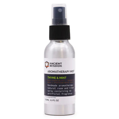 Bottle of Ancient Wisdom Aromatherapy Mist labeled "Thyme & Mint," 100ml spray, with a black spray cap and white label, shown against a plain background.