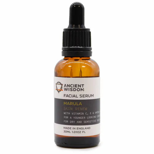 Ancient Wisdom Facial Serum Marula – amber glass bottle with dropper cap, skin renew with vitamins C, E & amino acids, 30ml.