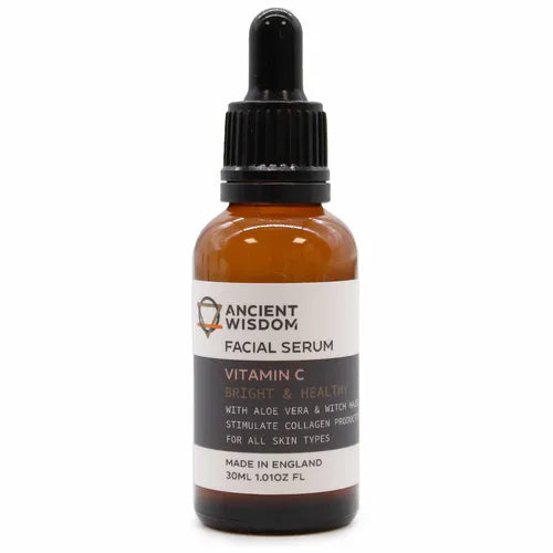 Ancient Wisdom Facial Serum Vitamin C – amber glass bottle with dropper cap, bright & healthy with aloe vera and witch hazel, 30ml.