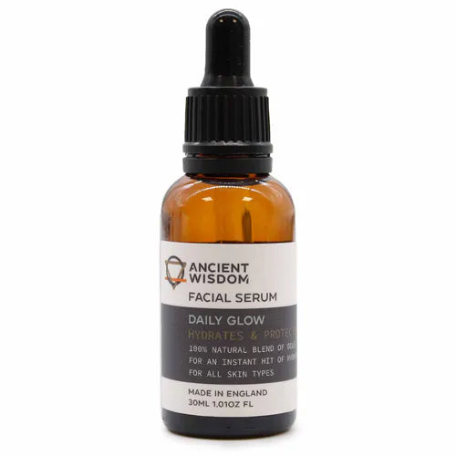 Ancient Wisdom Facial Serum Daily Glow – amber glass bottle with dropper cap, hydrates and protects skin, 30ml.